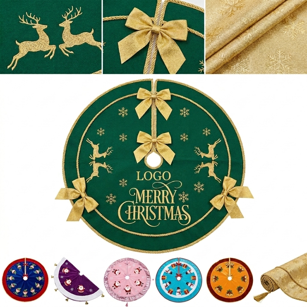 Snowflake & Elk Christmas Tree Skirt with Twine Fasteners