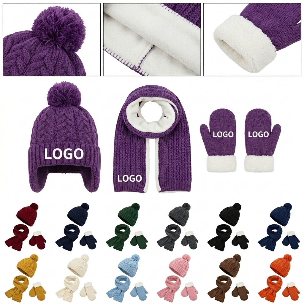 Children's Winter Knit Hat Scarf and Mittens 3-Piece Set