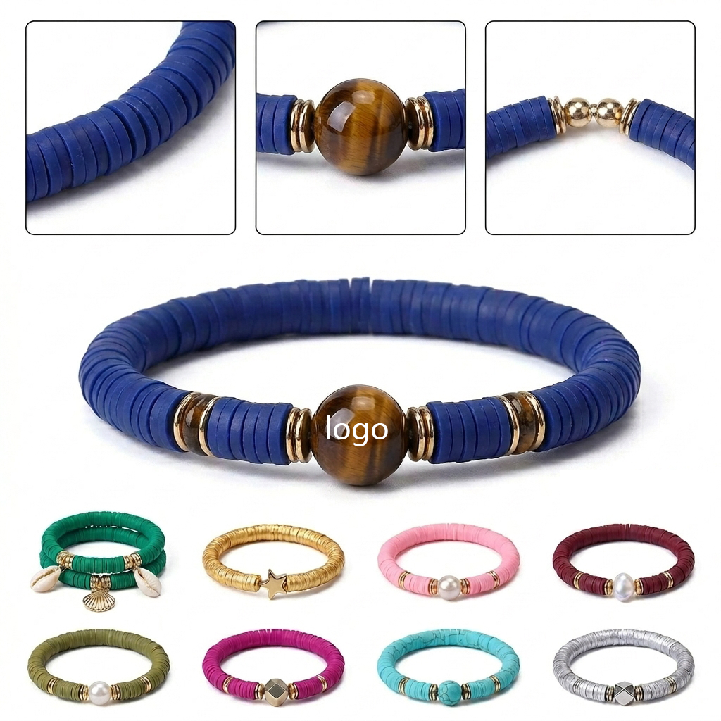 Multicolor Heishi Bead Elastic Bracelets Set with Clay Discs and Gold Accents