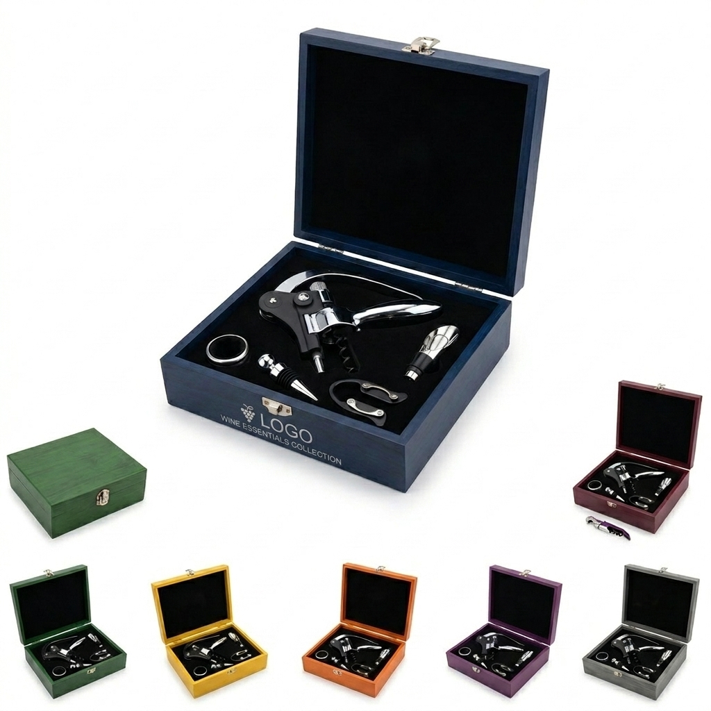 Premium Wooden Box Wine Opener Set with Corkscrew, Pourer, Stopper & Foil Cutter