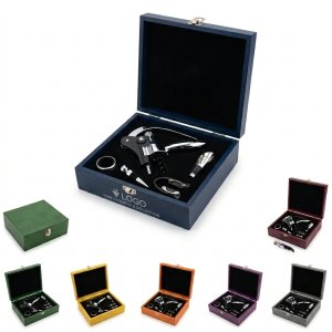 Premium Wooden Box Wine Opener Set with Corkscrew, Pourer, Stopper & Foil Cutter